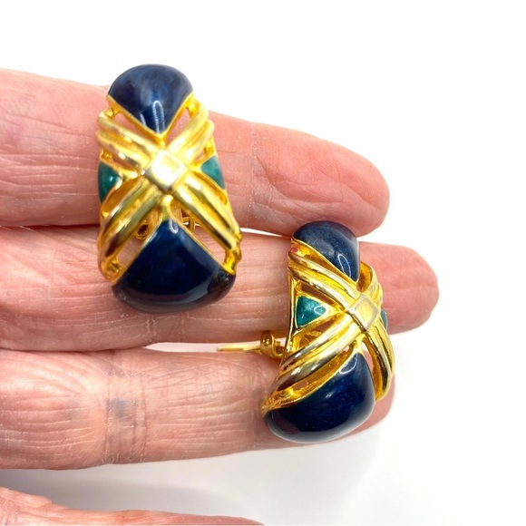 Chunky Gold Half Hoop Enamel Vintage Clip-On Earrings - Picture 7 of 9